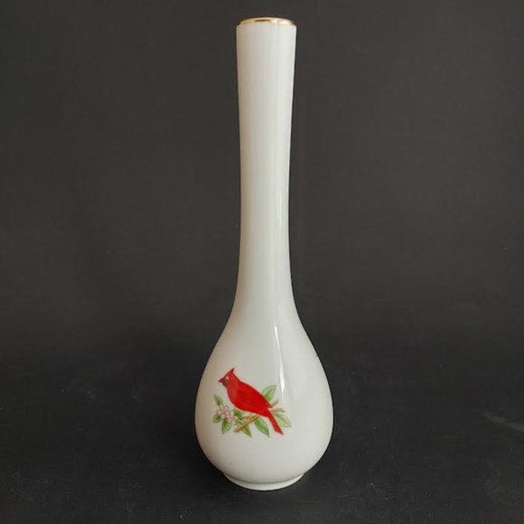 Vintage Lefton Cardinal Bud Vase Gold Trim Japan 2595 EUC 7" Bird Floral - Picture 5 of 9